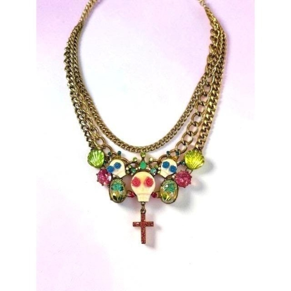 Rare Vintage Betsey Johnson Sugar Skull Statement Necklace Multi Strand Cross